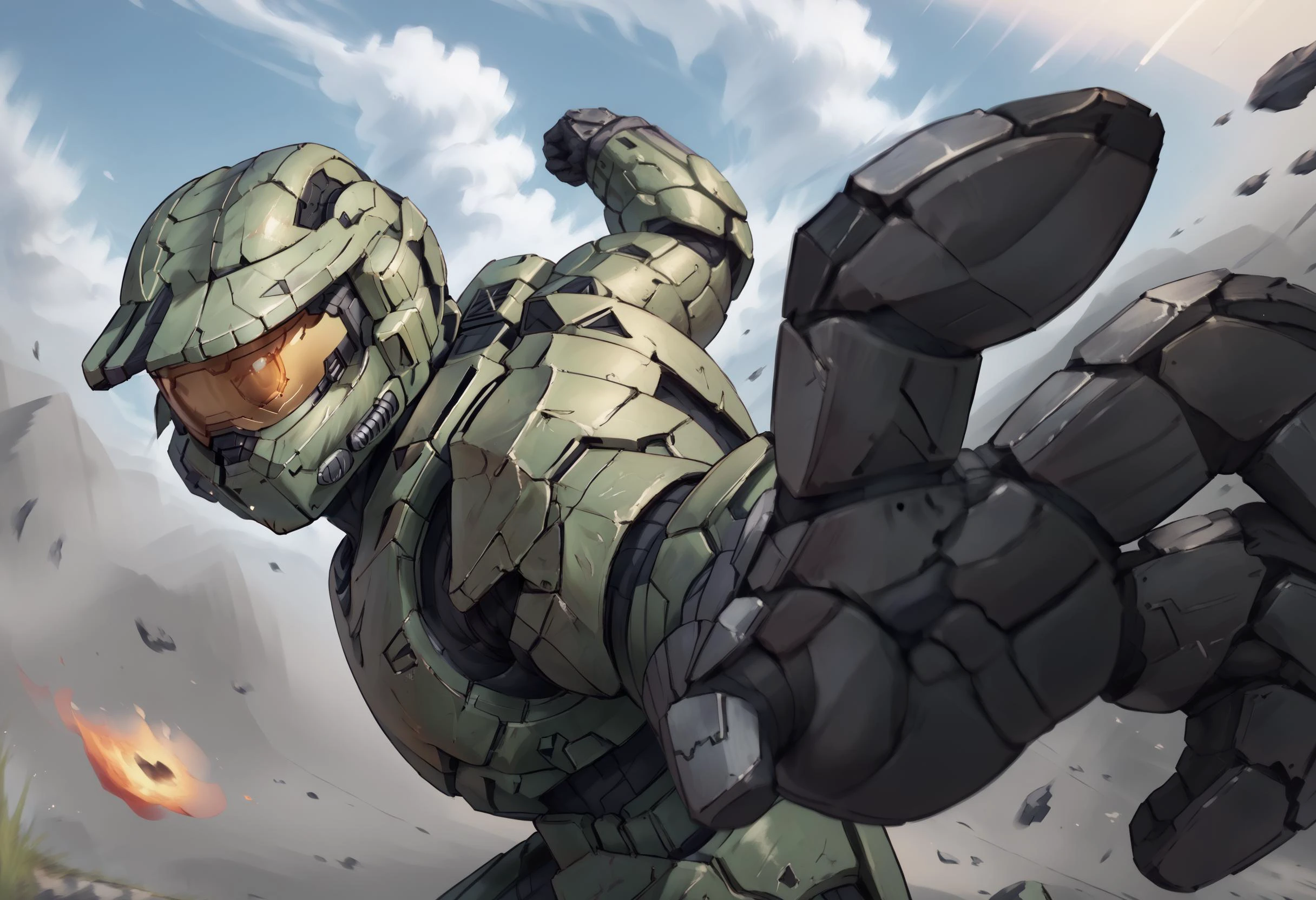 score_9, score_8_up, score_7_up, BREAK pepe punch pose,motion blur,looking at viewer,from side,masterchief, helmet, visor, power armor <lora:masterchief-halo-richy-v1_pdxl:0.8> <lora:xl_XL_pepe_punch(pony)3:1>