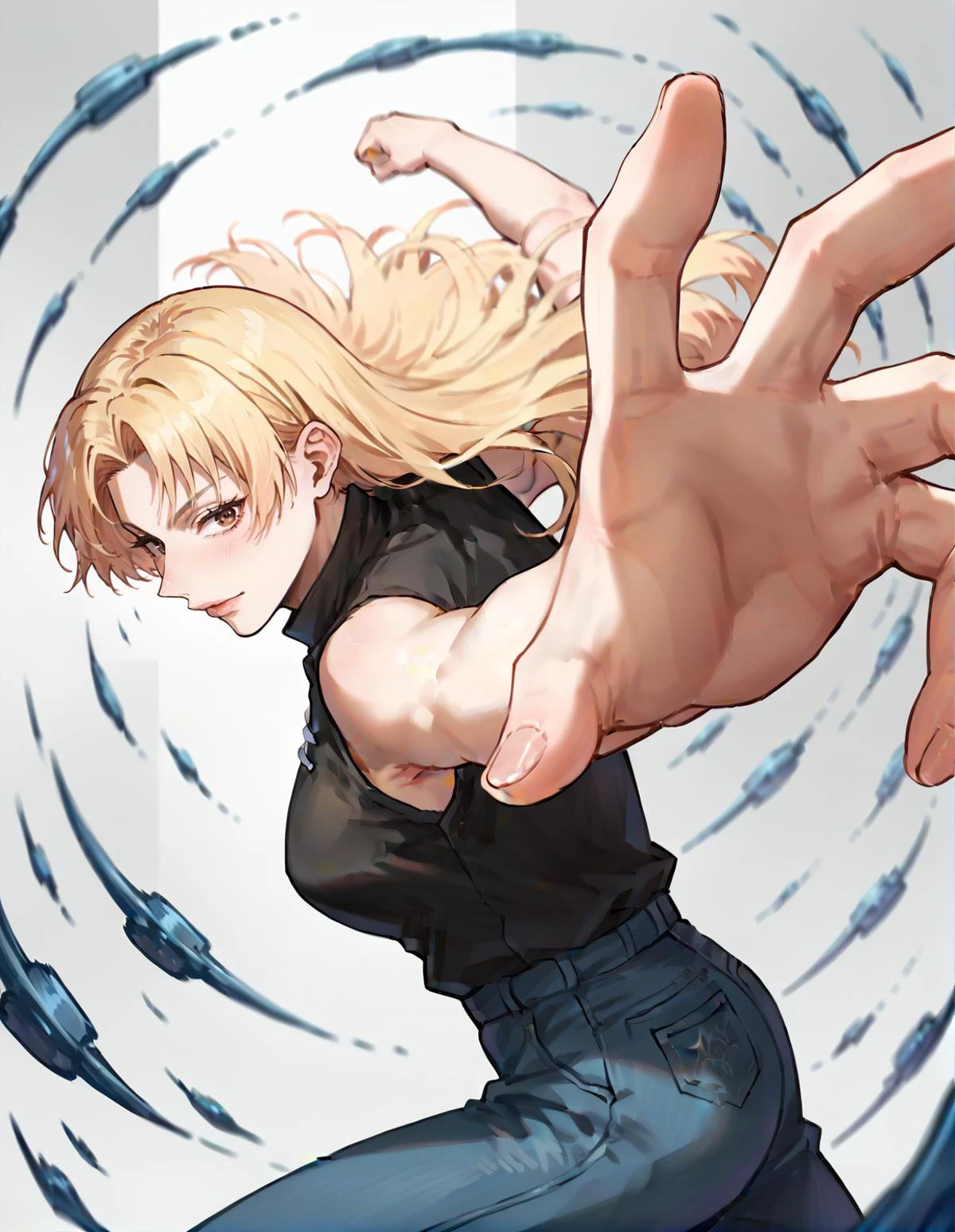 score_9, score_8_up, score_7_up, score_6_up, score_5_up, score_4_up,source_anime, uncensored,BREAK 1girl,tsukumo yuki,brown eyes || black shirt,sleeveless shirt,jeans,<lora:jjk_tsukumo_ponyXL:0.9>,<lora:xl_XL_pepe_punch(pony)3:1>,pepe punch pose,motion blur,looking at viewer,from side