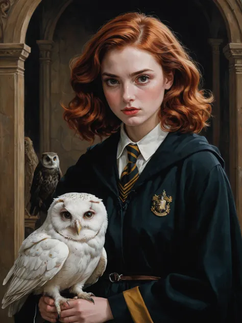 by Arturo Souto, by Brad Kunkle and wlop in the style of Daniel Merriam, solo, girl, cute 18 year old woman and her white pet owl, hufflepuff uniform,  scarf, digital painting, pale skin,highly detailed face, red hair, seducing facial expression,wearing a black robe, 1950s,dark background,warm colors, RAW candid cinema,16mm,color graded portra 400 film,remarkable color,ultra realistic,, captured on a (Nikon D850)defiant facial expression <lora:harry_potter_v1:1>