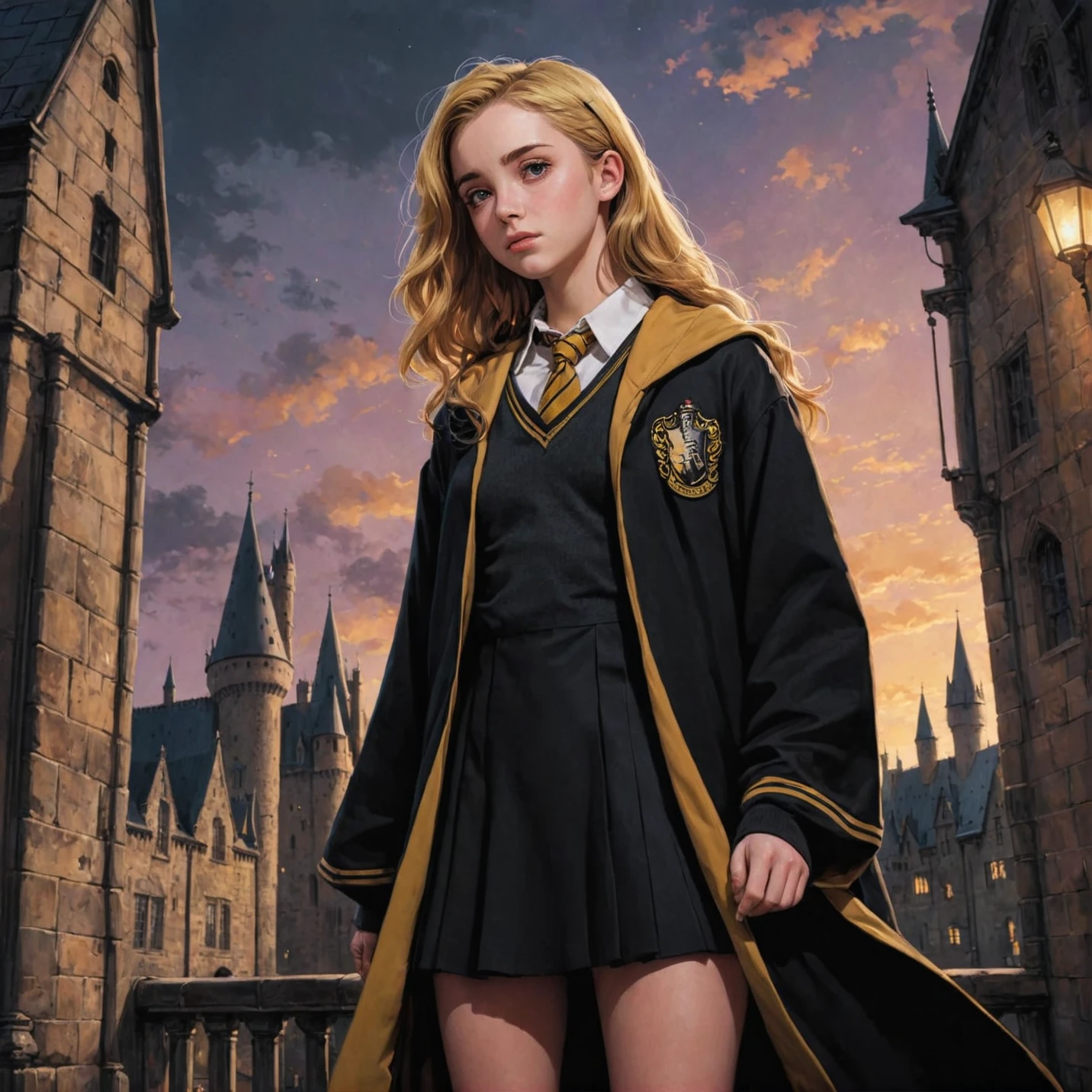 anime art, anime coloring, a girl wearing a hufflepuff uniform with black robe, hogwarts, low angle, muted colors, dark palette, hazy twilight, (looking away, looking far:1.3) <lora:harry_potter_v1:1>