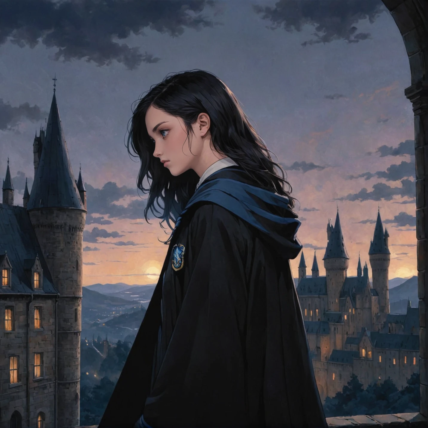anime art, anime coloring, a girl wearing a ravenclaw uniform with black robe, hogwarts, ravenclaw emblem, low angle, muted colors, dark palette, hazy twilight, (looking away, looking far:1.3) <lora:harry_potter_v1:1.1>