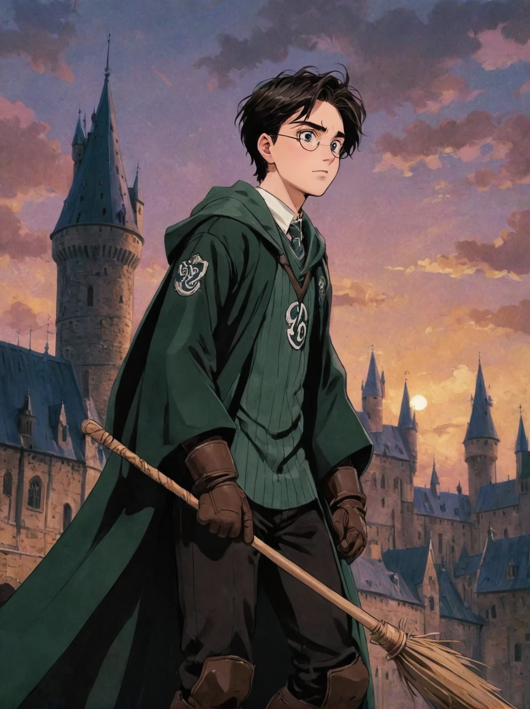 anime art, anime coloring, a boy wearing a slytherin quidditch uniform, elbow protections, armor, trausers, dark green robe, witch broom, hogwarts, low angle, muted colors, dark palette, hazy twilight, (looking away, looking far:1.3) <lora:harry_potter_v1:1.1>
