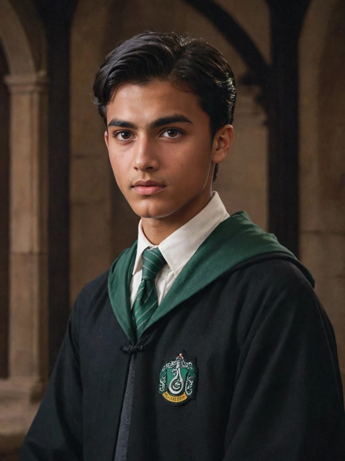 18 year old indian boy, solo, slytherin uniform, digital painting, highly detailed face,black hair, seducing facial expression,wearing a black robe with the slytherin emblem, 1950s,dark background,warm colors, RAW candid cinema,16mm,color graded portra 400 film,remarkable color,ultra realistic, captured on a (Nikon D850)defiant facial expression <lora:harry_potter_v1:1>