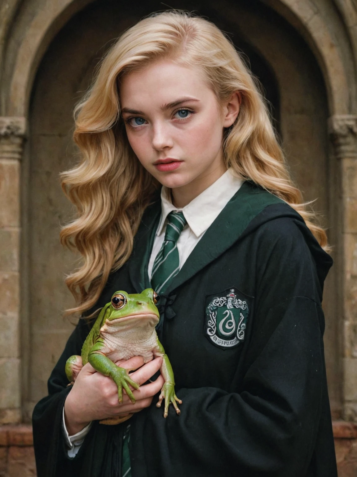 by Arturo Souto, by Brad Kunkle and wlop in the style of Daniel Merriam, solo, girl, cute 18 year old woman and her pet frog, slytherin uniform, scarf, digital painting, pale skin,highly detailed face, blonde hair, seducing facial expression,wearing a black robe slytherin emblem stitched on chest, 1950s,dark background,warm colors, RAW candid cinema,16mm,color graded portra 400 film,remarkable color,ultra realistic,, captured on a (Nikon D850)defiant facial expression <lora:harry_potter_v1:1.2>