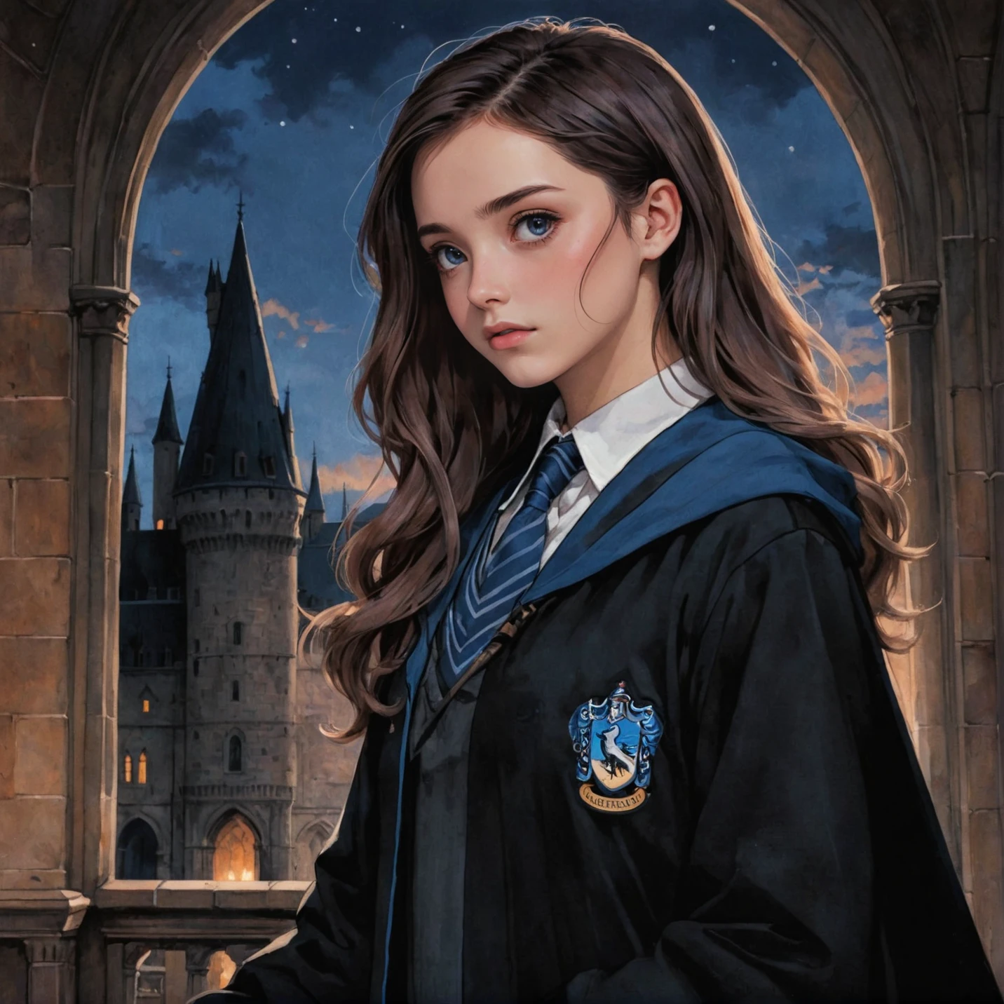 anime art, anime coloring, a girl wearing a ravenclaw uniform with black robe, hogwarts, ravenclaw emblem, low angle, muted colors, dark palette, hazy twilight, (looking away, looking far:1.3) <lora:harry_potter_v1:1.1>