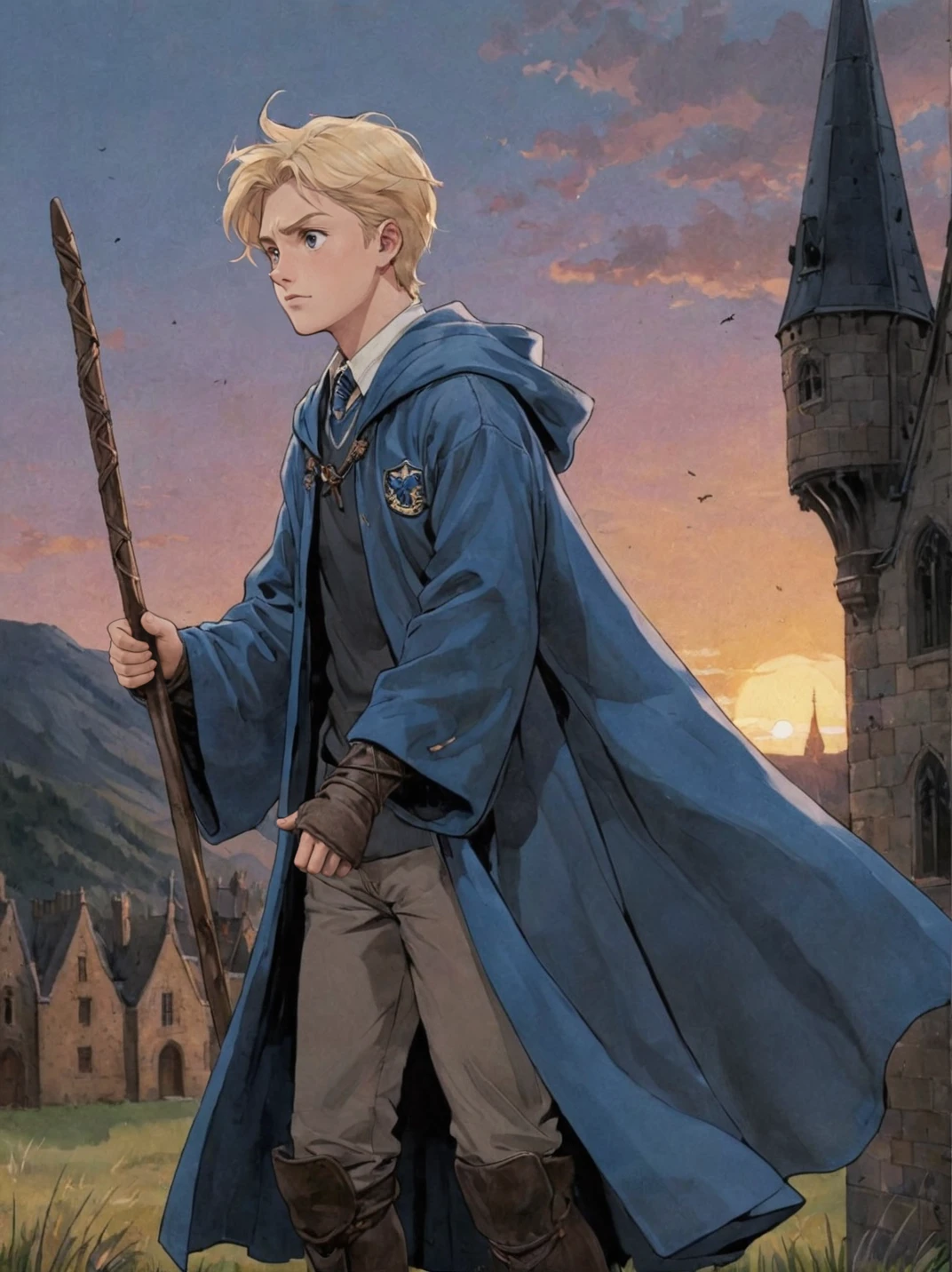 anime art, anime coloring, a blonde boy wearing a light blue robe, ravenclaw quidditch uniform, elbow protections, armor, trausers, witch broom, hogwarts, low angle, muted colors, dark palette, hazy twilight, (looking away, looking far:1.3) <lora:harry_potter_v1:1.1>