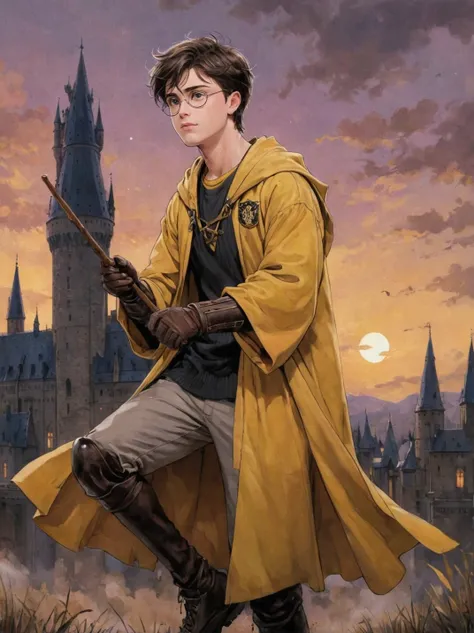 anime art, anime coloring, a boy wearing a hufflepuff quidditch uniform, elbow protections, armor, trausers, yellow robe, witch broom, hogwarts, low angle, muted colors, dark palette, hazy twilight, (looking away, looking far:1.3)  <lora:harry_potter_v1:1.1>