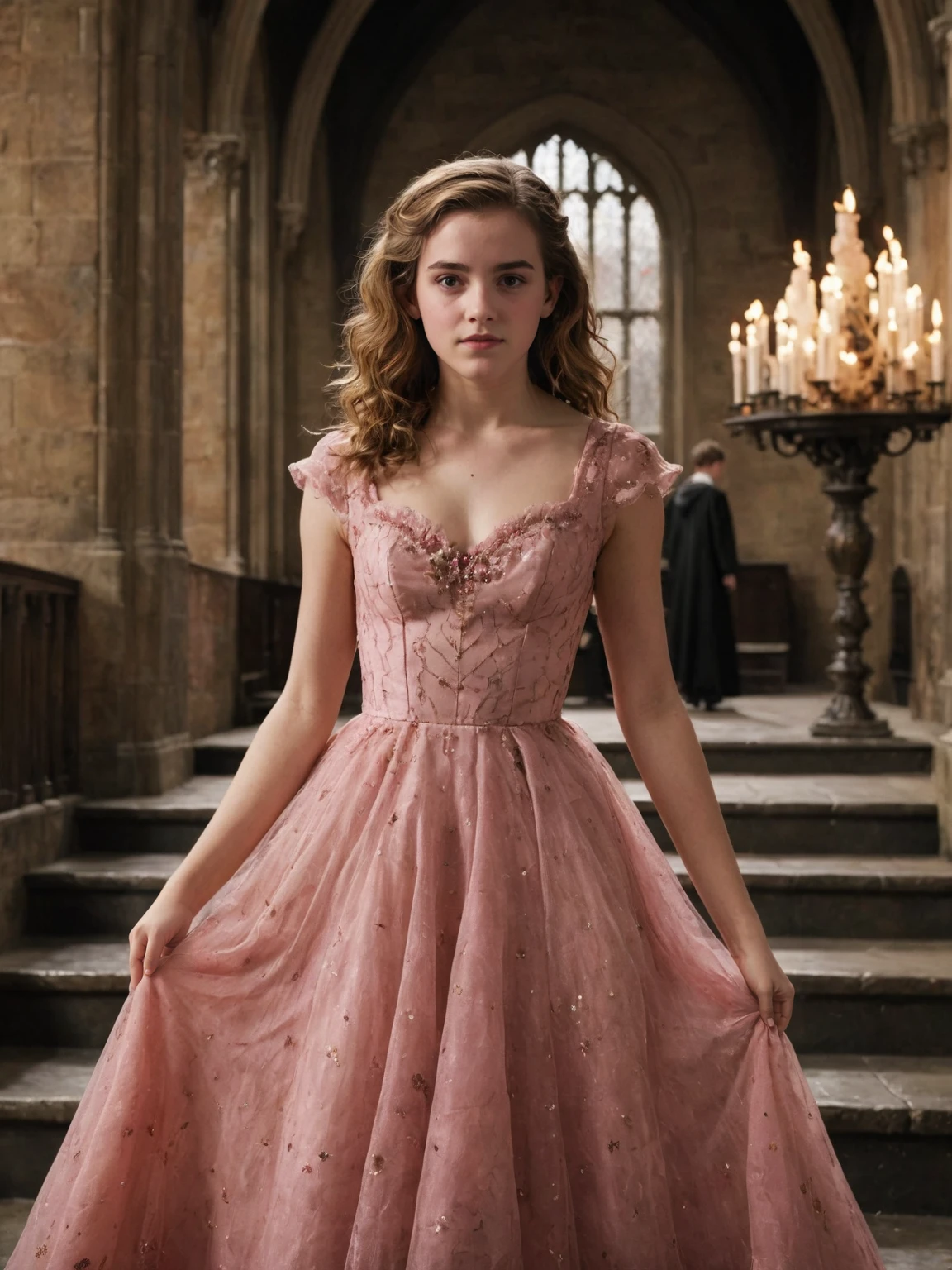 The movie film is still, with full body shots, Inside the hogwarts castle, on the stairs, the 18-year-old hermione granger in a pink prom dress, solo, creating a fictional scenery, Realistic details, happy emotions, detailed character expressions, light amber and red, amazing quality, wallpaper, simulated film particles,
eye contact,looking at the camera,<lora:harry_potter_v1:1>