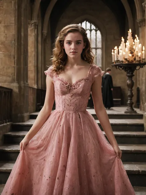 The movie film is still, with full body shots, Inside the hogwarts castle, on the stairs, the 18-year-old hermione granger in a pink prom dress, solo, creating a fictional scenery, Realistic details, happy emotions,  detailed character expressions, light amber and red, amazing quality, wallpaper, simulated film particles,
eye contact,looking at the camera,<lora:harry_potter_v1:1>