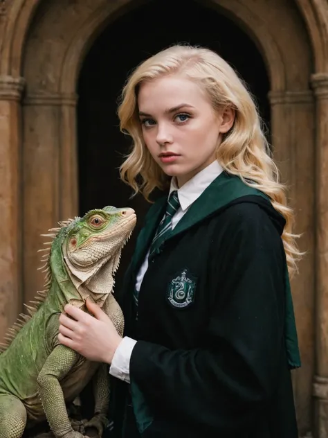 by Arturo Souto, by Brad Kunkle and wlop in the style of Daniel Merriam, solo, girl, cute 18 year old woman and her pet iguana, slytherin uniform,  scarf, digital painting, pale skin,highly detailed face, blonde hair, seducing facial expression,wearing a black robe slytherin emblem stitched on chest, 1950s,dark background,warm colors, RAW candid cinema,16mm,color graded portra 400 film,remarkable color,ultra realistic,, captured on a (Nikon D850)defiant facial expression <lora:harry_potter_v1:1.2>