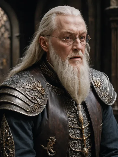 albus dumbledore weaaring a heavy fantasy armour, solo, no helmet, wearing glasses, digital painting, pale skin,highly detailed face, white hair, long beard, 1950s,dark background,warm colors, RAW candid cinema,16mm,color graded portra 400 film,remarkable color,ultra realistic, captured on a (Nikon D850) <lora:harry_potter_v1:1>