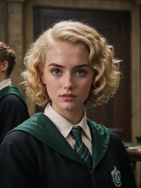 18 year old blonde girl with short curly hair, solo, slytherin uniform, digital painting, highly detailed face, seducing facial expression,wearing a black robe with the slytherin emblem, 1950s,dark background,warm colors, RAW candid cinema,16mm,color graded portra 400 film,remarkable color,ultra realistic, captured on a (Nikon D850)defiant facial expression <lora:harry_potter_v1:1>