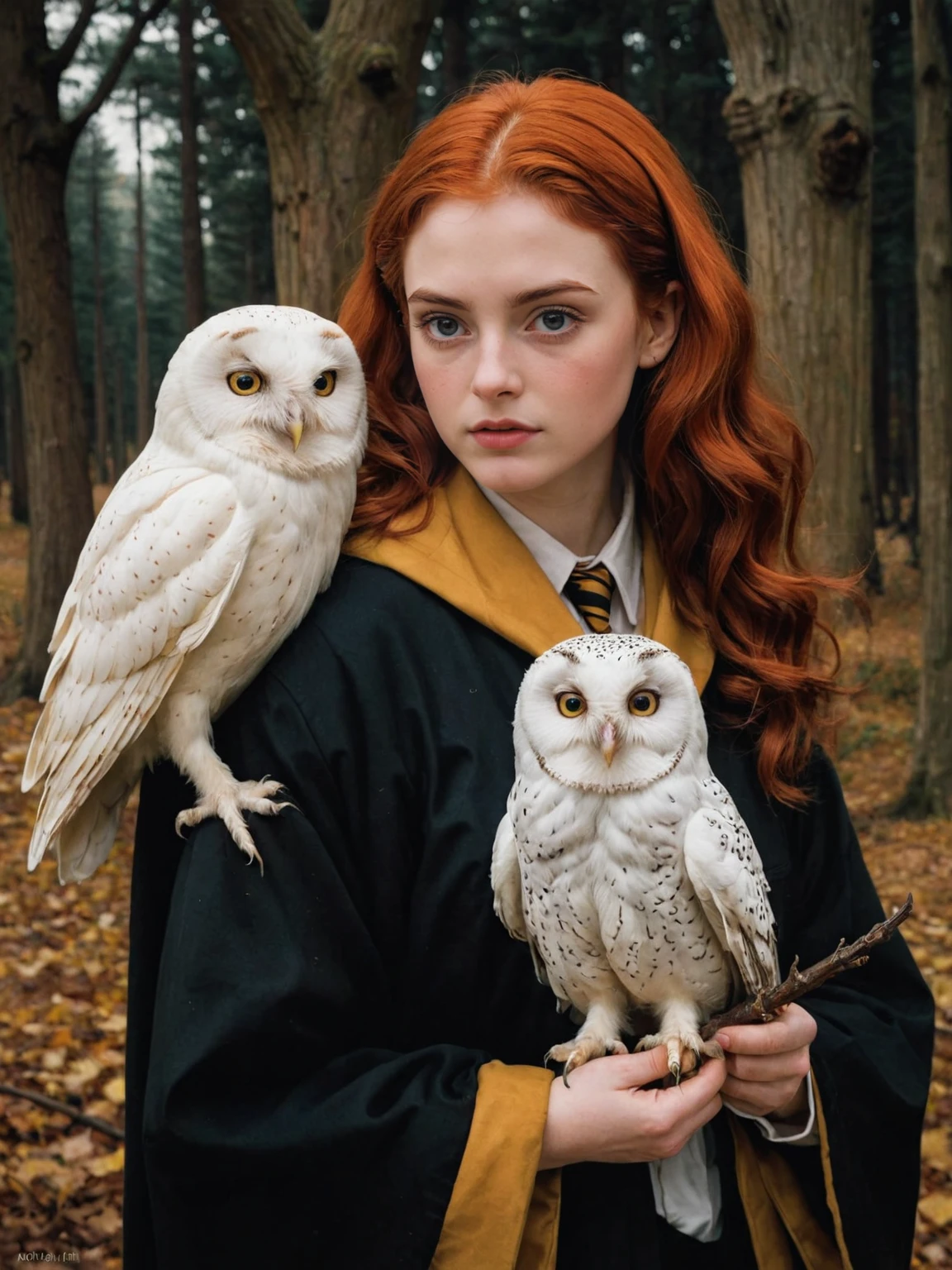 by Arturo Souto, by Brad Kunkle and wlop in the style of Daniel Merriam, solo, girl, cute 18 year old woman and her white pet owl, hufflepuff uniform, scarf, digital painting, pale skin,highly detailed face, red hair, seducing facial expression,wearing a black robe, 1950s,dark background,warm colors, RAW candid cinema,16mm,color graded portra 400 film,remarkable color,ultra realistic,, captured on a (Nikon D850)defiant facial expression <lora:harry_potter_v1:1>