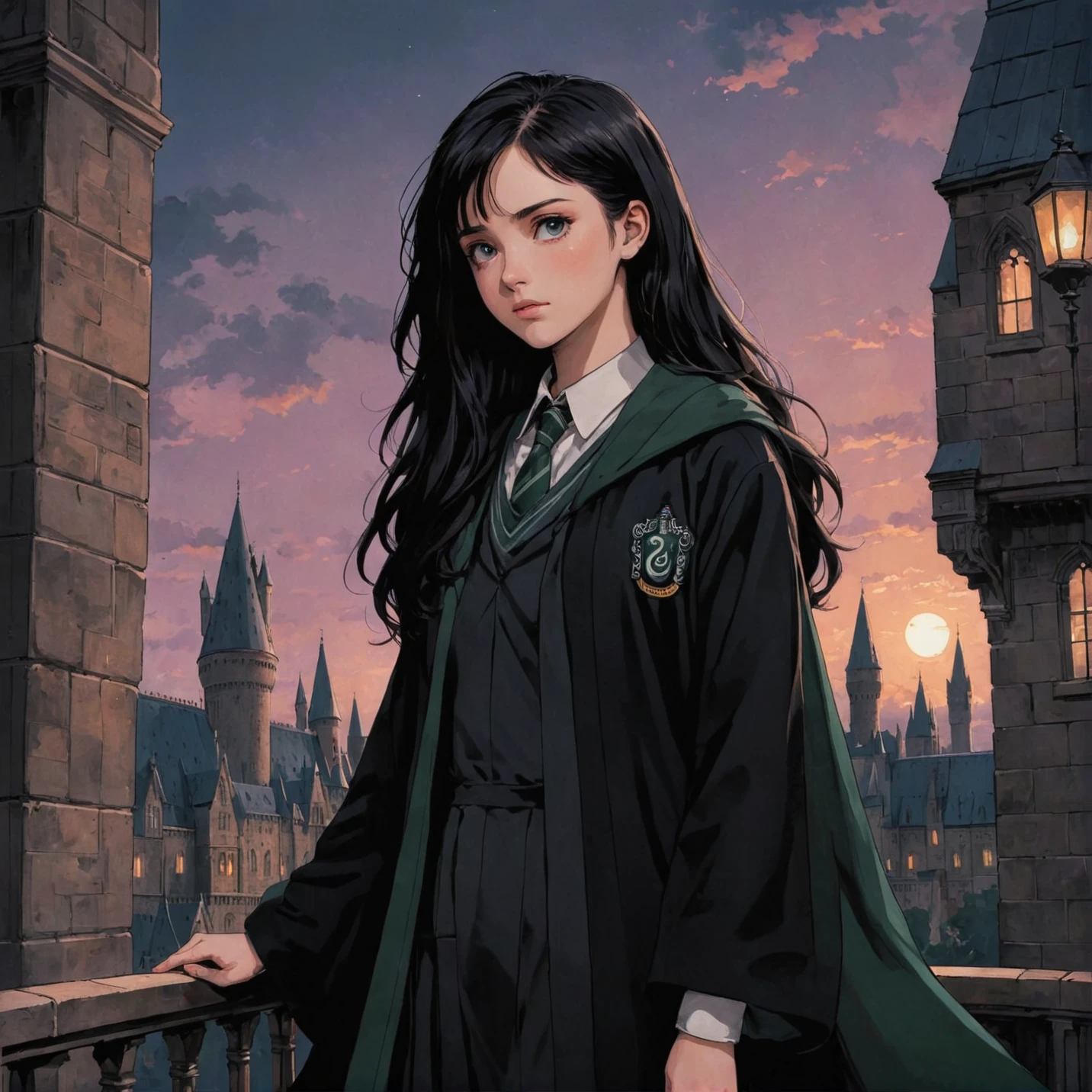 anime art, anime coloring, a girl wearing a slytherin uniform with black robe, hogwarts, low angle, muted colors, dark palette, hazy twilight, (looking away, looking far:1.3) <lora:harry_potter_v1:1>