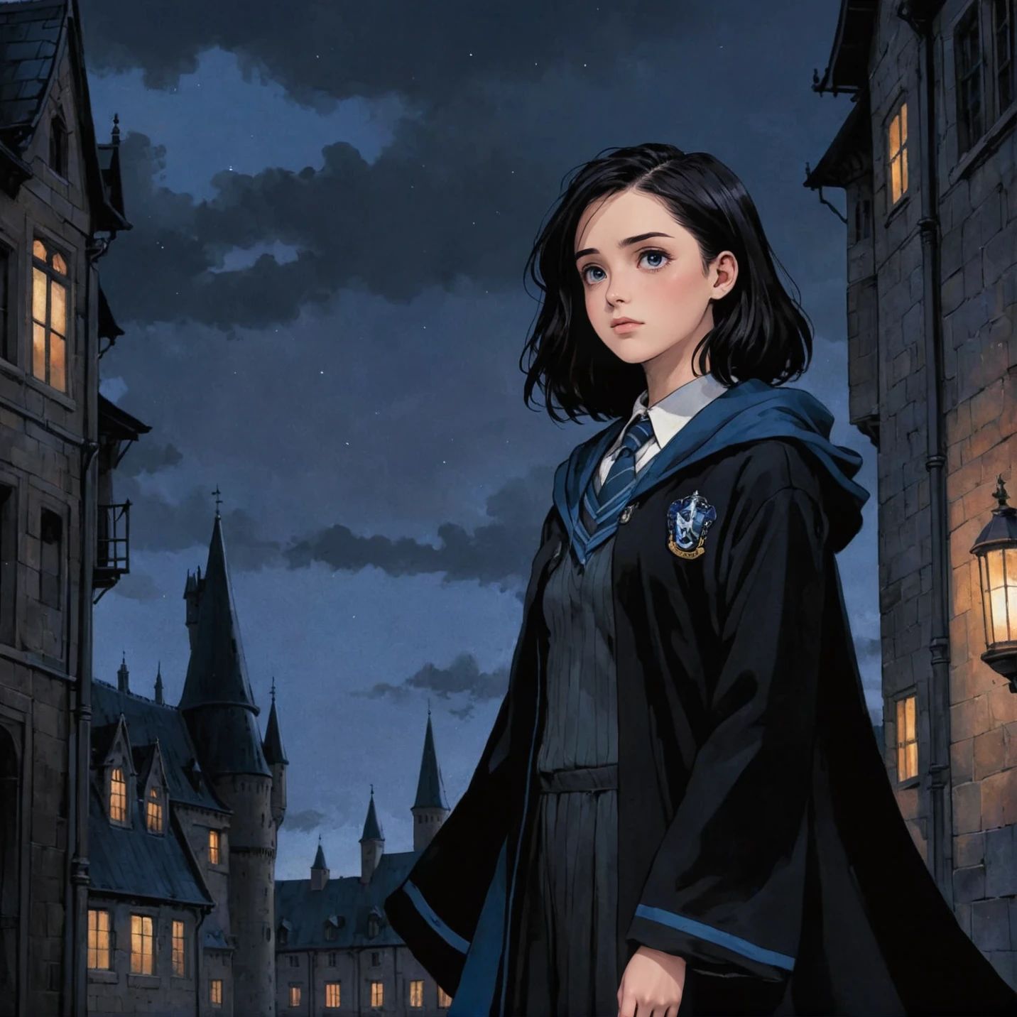 anime art, anime coloring, a girl wearing a ravenclaw uniform with black robe, hogwarts, ravenclaw emblem, low angle, muted colors, dark palette, hazy twilight, (looking away, looking far:1.3) <lora:harry_potter_v1:1.1>