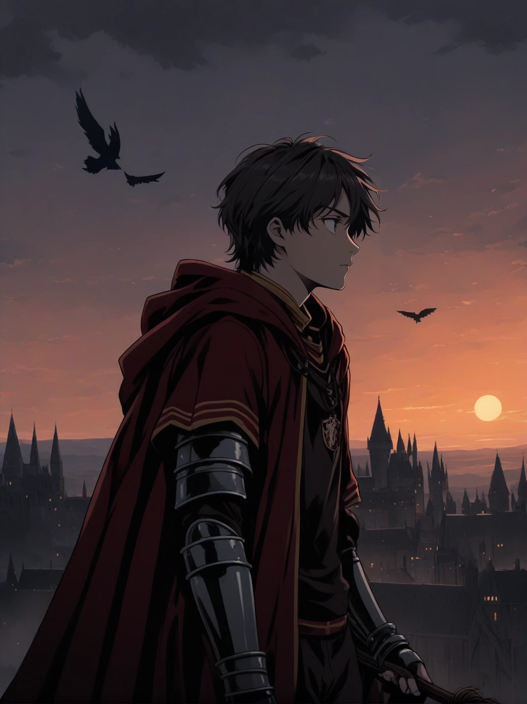 anime art, anime coloring, a boy wearing a gryffindor quidditch uniform, elbow protections, armor, trausers, red robe, witch broom, hogwarts, gryffindor emblem, low angle, muted colors, dark palette, hazy twilight, (looking away, looking far:1.3) <lora:harry_potter_v1:1.1>