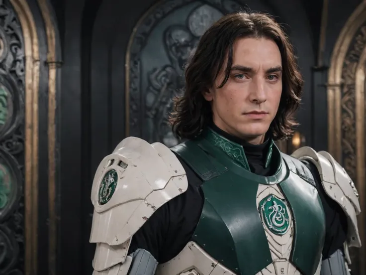a young severus snape wearing a slytherin uniform shaped like a futuristic mecha armor, black robe, slytherin emblem, scifi armor mecha suit, digital painting, pale skin,highly detailed face, black hair, dark background,warm colors, RAW candid cinema,16mm,color graded portra 400 film,remarkable color,ultra realistic, captured on a (Nikon D850) <lora:harry_potter_v1:1> <lora:aesthetic_anime_v1s:1>
