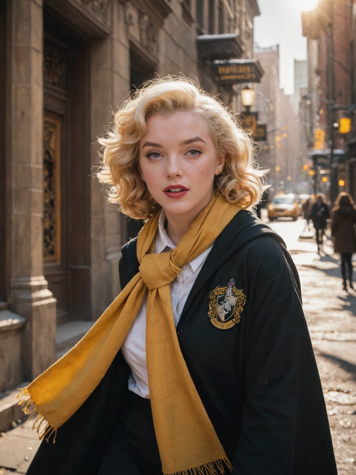 The movie film is still, with full body shots. On the streets of New York, the 25-year-old fair skinned Marilyn Monroe in a hufflepuff uniform dances in the wind, yellow scarf, winter, solo, creating a fictional scenery (intense sunlight: 1.4). Realistic details, hufflepuff hogwarts uniform, hufflepuff emblem, black robe, happy emotions, sunlight shining on the face, detailed character expressions, light amber and red, amazing quality, wallpaper, simulated film particles,
eye contact,looking at the camera,<lora:harry_potter_v1:1>