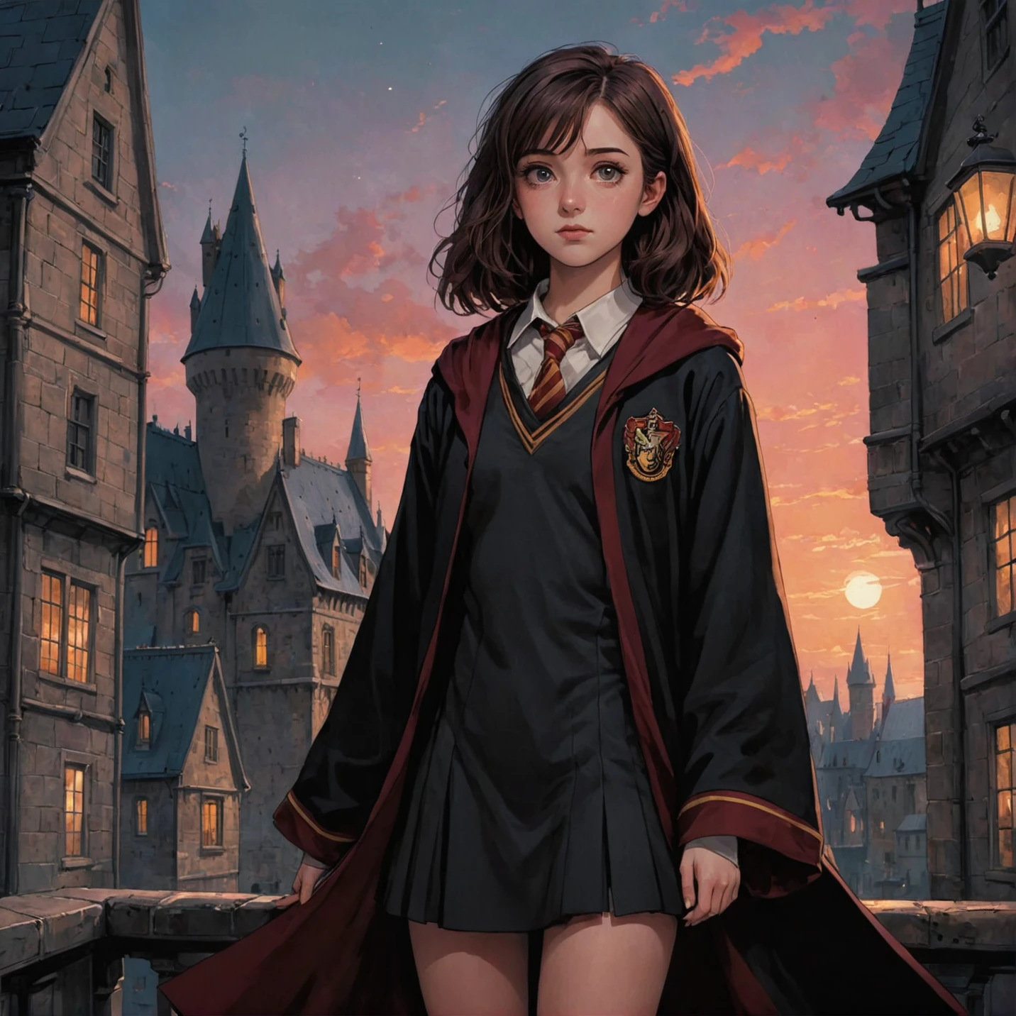 anime art, anime coloring, a girl wearing a gryffindor uniform with black robe, hogwarts, low angle, muted colors, dark palette, hazy twilight, (looking away, looking far:1.3) <lora:harry_potter_v1:1>