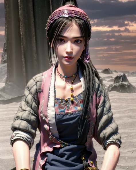 a woman with a headband and a necklace on her head is standing in a desert area with a sky background, (1girl:0.985), (black hair:0.678), (brown eyes:0.728), (fingerless gloves:0.579), (gloves:0.966), (jewelry:0.990), (lips:0.839), (long hair:0.731), (necklace:0.989), (pendant:0.653), (realistic:0.669), (sky:0.504), (solo:0.817), (full body:0.541)
