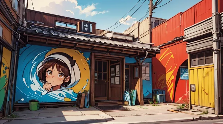 full-body wide-angle wide-shot of-a-Mexican-Muralist-(Late-20th-Century): A (pretty-young-woman:1.1)-with-long wavy-chestnut-hair expressive-brown-eyes tan-skin wearing-a-brightly-colored-(work-dress:1.2)-and-a-paint-splattered-apron (paintbrushes:1.1).-She-paints-in-an-urban-environment on-the-side-of-a-building surrounded-by-paint-cans sketches and-a-large vivid-mural-depicting-the-local-culture. BREAK <lora:EnergyDrinkTech:0.5> maize-florescent-fluid fluid-tubes neon edrinktech <lora:neg4all_bdsqlsz_V3.5:0.8> <lora:AdvancedEnhancer:1.5>