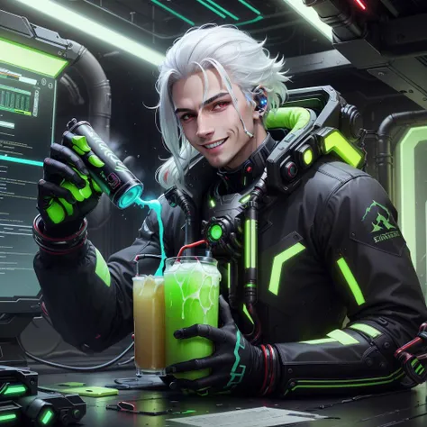 <lora:EnergyDrinkTech-20:0.8>,edrinktech, energy drink, florescent fluid, scifi,
,scholar , scroll, 1boy,long hair, blue skin,white hair, red eyes, smile