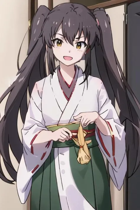 best quality, masterpiece, highres, solo, {white kimono:1.35}, {red hakama:1.35}, {wide sleeves:1.20}, {moa_torii_imocho:1.15}, long_hair, twintails, black_hair, green_eyes, yellow_eyes, open_mouth