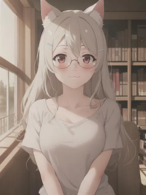 best quality,masterpiece,HDR,UHD,8K, official art,
HANEKAWA600,1girl,white hair, glasses, cat ears, long hair,
:3, blush, looking at viewer, hairclip,
white shirt, t-shirt,
sitting,upper body,cowboy shot,
library,