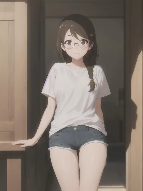 best quality,masterpiece,HDR,UHD,8K,
HANEKAWA600,1girl,braid, glasses, 
:3,
white shirt, t-shirt, short shorts, 
cowboy shot,
