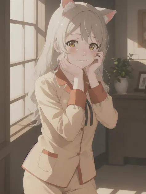 best quality,masterpiece,HDR,UHD,8K,
HANEKAWA600,1girl,cat ears,
yellow eyes,:3,
pajamas, hands on own cheek, hands on own face,
white hair, long hair,
cowboy shot,