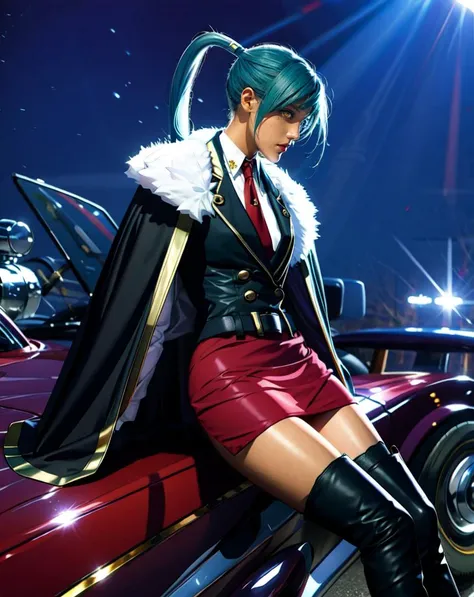 masterpiece, best quality, solo, (detailed eyes:0.9), (detailed lighting, depth of field:0.9), thighhighs, elbow gloves, skirt, long hair, boots, ponytail, zettai ryouiki, thigh boots, cape <lora:Villetta-000007:0.6>