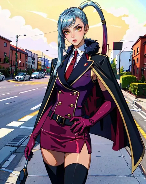 medium shot photo of beautiful girl ,
long hair,  ponytail, 
 cape, red_purple clothes, elbow gloves,  skirt, zettai ryouiki, thighhighs, thigh boots,boots,
standing seductively,
outdoor,
(realistic skin_details, sharp focus, eyes_focus, masterpiece,best quality,finely detailed,extremely detailed, realistic detail,clear_image,realistic, high_resolution,distinct_image:1.2) <lora:Villetta-000007:0.6>