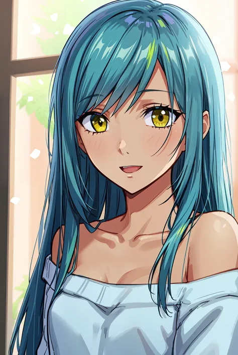 masterpiece, best quality, solo, (detailed eyes:0.9), (detailed lighting, depth of field:0.9), long hair, bare shoulders, upper body, off shoulder, sweater, collarbone, green eyes, bangs, happy, yellow eyes,
<lora:Viletta-000007:0.6>
