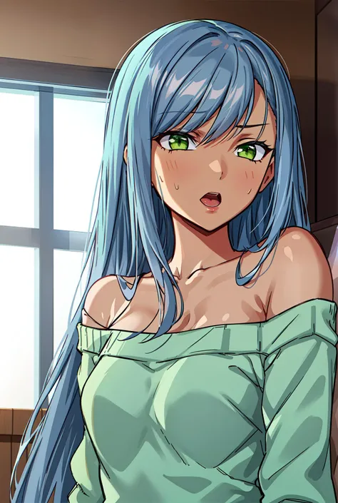masterpiece, best quality, solo, (detailed eyes:0.9), (detailed lighting, depth of field:0.9), long hair, bare shoulders, upper body, off shoulder, sweater, sweatdrop, collarbone, green eyes, bangs, open mouth,
<lora:Viletta-000007:0.6>