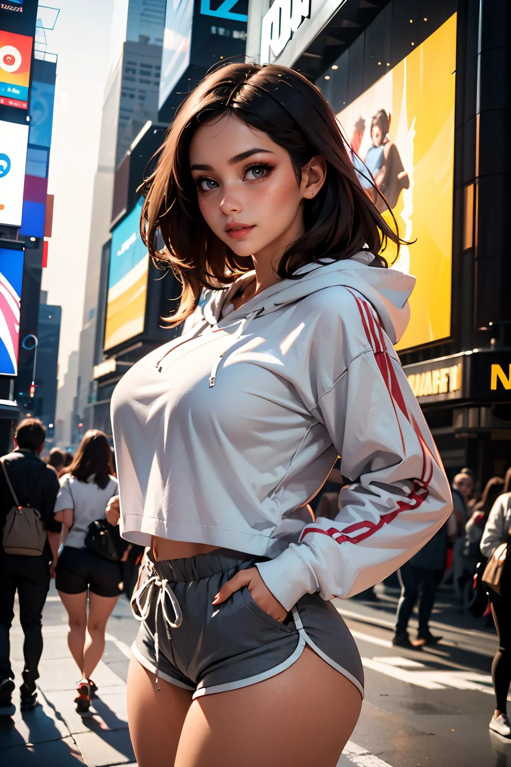 (masterpiece, best quality, highres, high resolution:1.2), extremely detailed, realistic, intricate details, 1girl, solo, brown hair, long hair, (brown eyes, detailed eyes, eyeshadow, eyeliner, eyelashes, seductive smile, blush, parted lips), (oversize hoodie), girl with her hands in her hoodie pockets, dolphin shorts, grey shorts, (large breasts, thick thighs, wide hips), New York times square, looking at viewer, seductive pose, close-up shot, eye-level shot,
<lora:dolphin_shorts_v0.1:0.8>
