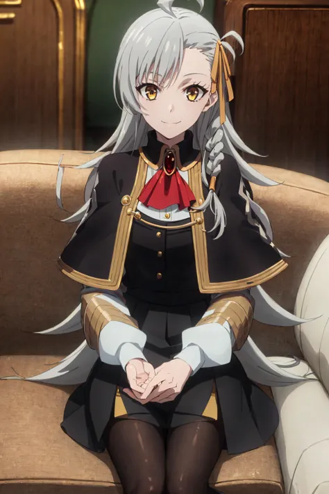 best quality, (masterpiece:1.2), detailed,
<lora:chara_FateLordElMelloi_Olga-MarieAnimusphere_v1:0.8>,
1girl, solo, closed mouth, light smile,
grey hair, yellow eyes, long hair, ahoge, side braid, hair ribbon,
black dress, black skirt, brooch, red ascot, capelet, white sleeves, black pantyhose,
sitting, couch, looking at the viewer,
indoors