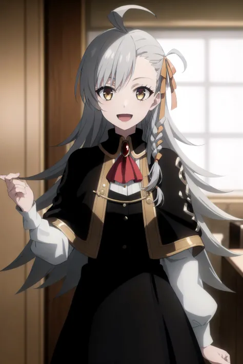 best quality, (masterpiece:1.2), detailed,
<lora:chara_FateLordElMelloi_Olga-MarieAnimusphere_v1:0.8>,
1girl, solo, open mouth, light smile,
grey hair, yellow eyes, long hair, ahoge, side braid, hair ribbon,
black dress, black skirt, brooch, red ascot, capelet, white sleeves,
standing, looking at the viewer,
indoors,