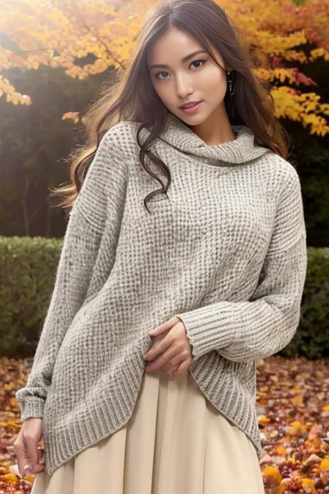 1girl,(wearing long sleeved sweater and long skirt:1.2),(RAW photo, best quality), (realistic, photo-realistic:1.4), masterpiece, an extremely delicate and beautiful, extremely detailed, 2k wallpaper, Amazing, finely detail, extremely detailed CG unity 8k wallpaper, ultra-detailed, highres, soft light, beautiful detailed girl, extremely detailed eyes and face, beautiful detailed nose, beautiful detailed eyes,cinematic lighting,(autumn scenery:1.3),sunlight,perfect anatomy,slender body,smiling, <lora:takahashichiaki_lora:0.9>,(close up:1.4)