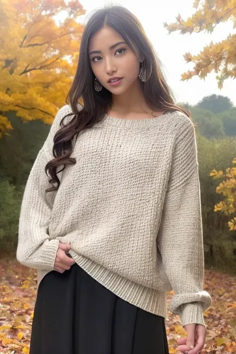 1girl,(wearing long sleeved sweater and long skirt:1.2),(RAW photo, best quality), (realistic, photo-realistic:1.4), masterpiece, an extremely delicate and beautiful, extremely detailed, 2k wallpaper, Amazing, finely detail, extremely detailed CG unity 8k wallpaper, ultra-detailed, highres, soft light, beautiful detailed girl, extremely detailed eyes and face, beautiful detailed nose, beautiful detailed eyes,cinematic lighting,(autumn scenery:1.3),sunlight,perfect anatomy,slender body,smiling, <lora:takahashichiaki_lora:0.7>
