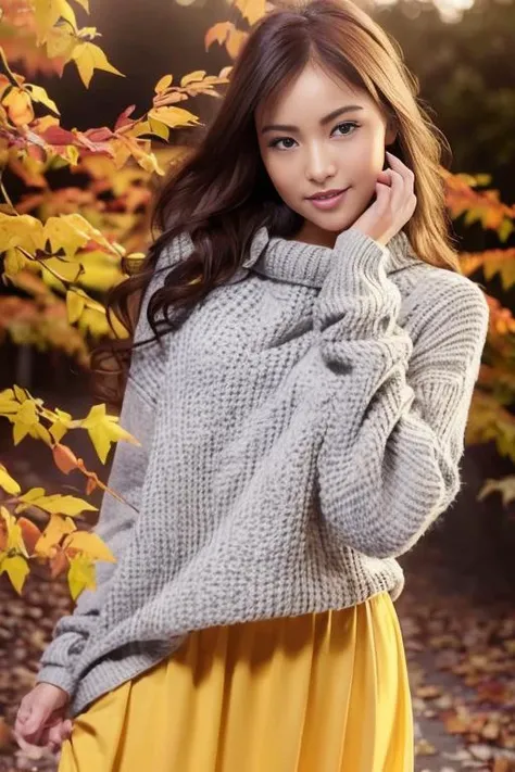 1girl,(wearing long sleeved sweater and long skirt:1.2),(RAW photo, best quality), (realistic, photo-realistic:1.4), masterpiece, an extremely delicate and beautiful, extremely detailed, 2k wallpaper, Amazing, finely detail, extremely detailed CG unity 8k wallpaper, ultra-detailed, highres, soft light, beautiful detailed girl, extremely detailed eyes and face, beautiful detailed nose, beautiful detailed eyes,cinematic lighting,(autumn scenery:1.3),sunlight,perfect anatomy,slender body,smiling, <lora:takahashichiaki_lora:0.9>,(close up:1.4)