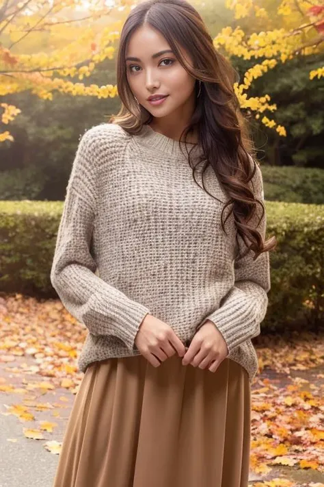 1girl,(wearing long sleeved sweater and long skirt:1.2),(RAW photo, best quality), (realistic, photo-realistic:1.4), masterpiece, an extremely delicate and beautiful, extremely detailed, 2k wallpaper, Amazing, finely detail, extremely detailed CG unity 8k wallpaper, ultra-detailed, highres, soft light, beautiful detailed girl, extremely detailed eyes and face, beautiful detailed nose, beautiful detailed eyes,cinematic lighting,(autumn scenery:1.3),sunlight,perfect anatomy,slender body,smiling, <lora:takahashichiaki_lora:0.7>