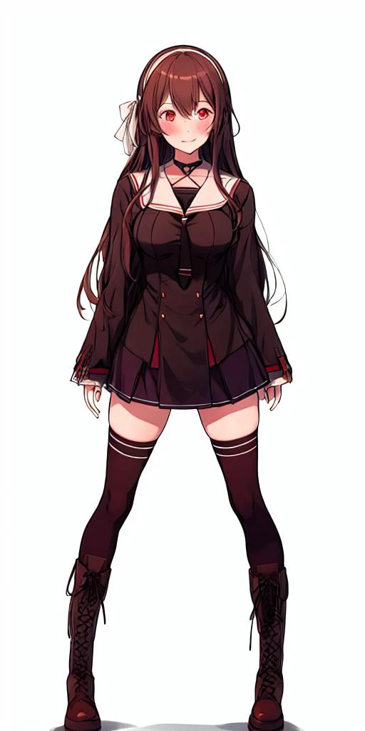 yaezawa natori,<lyco:yaezawa natori:1.0>,1girl, solo, virtual youtuber, thighhighs, long hair, boots, smile, simple background, white background, full body, brown hair, red eyes, looking at viewer, blush, black thighhighs, dress, school uniform, cross-laced footwear, hairband, breasts, standing, zettai ryouiki, lace-up boots, collarbone, knee boots,<lora:flat2:-0.5>,<lora:boldline2:-0.5>,<lora:saturation:0.5>,<lora:noline:-0.5>,<lora:flatBG:0.5>,<lyco:kotobuki:-0.75>