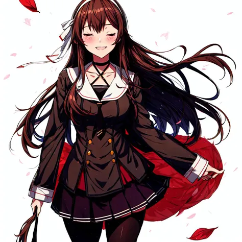 yaezawa natori,<lyco:yaezawa natori:1.0>,1girl, virtual youtuber, solo, one eye closed, brown hair, long hair, collarbone, simple background, red eyes, school uniform, white background, open mouth, blush, hair between eyes, looking at viewer, headband, pantyhose, petals, smile, skirt, hairband,<lora:flat2:-1>,<lora:boldline2:-0.5>