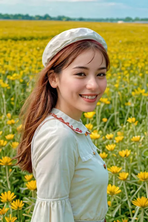 analog film photo solo, realistic, gstyle, ((woman)), (((Long Hair, Long Layers Hairstyle))), (((grin512:1.3))), (((Button-down blouse with a scalloped Peter Pan collar and cap sleeves))), ((open field, vast expanse, wildflowers, tranquil):1.5), ((dynamic pose)), skin, high detailed, 8k, clear facial features, PA7_Human-Likeness, PA7_Photo, light orange pastel theme colorgrading in style of Wes Anderson, <lora:PAseer-SD15-LCM Quick:1> <lora:ReaLora:.2> <lora:[MY]_-_Tan_Hanli:1> hanlibubu <lora:GStyle_-_Photography_Style:.4>   . faded film, desaturated, 35mm photo, grainy, vignette, vintage, Kodachrome, Lomography, stained, highly detailed, found footage
