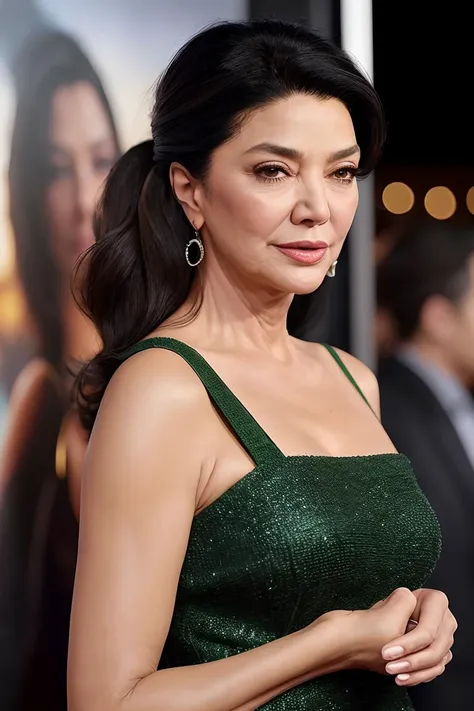 photo of beautiful (sh0hreh:0.99), a woman as a movie star, hair upsweep updo, green sweater off-shoulders, trousers, at a movie premiere gala, dark moody ambience (masterpiece:1.2) (photorealistic:1.2) (bokeh) (best quality) (detailed skin:1.2) (intricate details) (nighttime) (8k) (HDR) (cinematic lighting) (sharp focus)