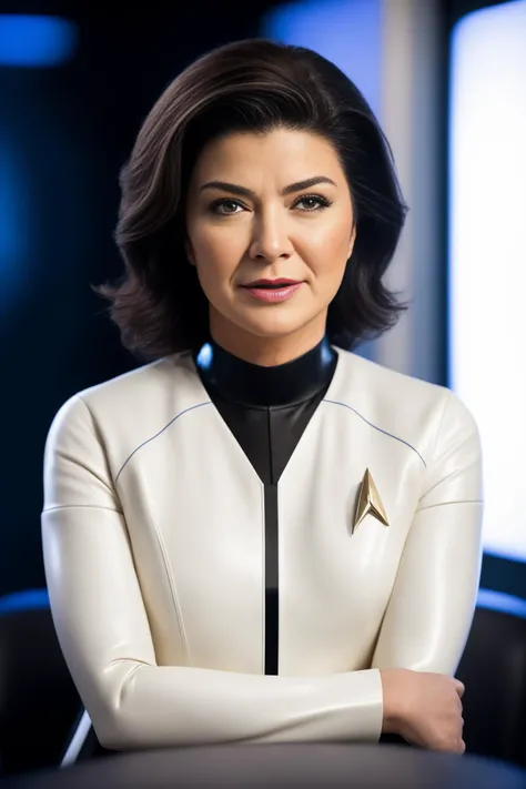 picture of (sh0hreh:0.99), as a star trek officer sitting at on a spaceship command deck, (masterpiece), (best quality), (8k), (HDR), (wallpaper), (cinematic lighting), (sharp focus), (intricate), RAW, analogue, Nikon Z 14mm ultra-wide angle lens, award-winning glamour photograph, ((best quality)), ((masterpiece)), ((realistic)), skin pores, subsurface scattering, radiant light rays, high-res, ultra detailed facial features, ultra detail, sharp focus, smooth, aesthetic, ultra detailed, (ultra detailed eyes:1.2), (ultra detailed iris:1.2), (ultra detailed hair), (ultra detailed skin), extremely detailed clothes, octane render, photorealistic, realistic, post-processing, max detail, realistic shadows, roughness, natural skin texture, real life, ultra-realistic, photorealism, photography, UHD, elegant, highly detailed, stunning, beautiful, gorgeous), best quality, full body portrait, center, human, anatomy, (star trek uniform single color), star trek logo on chest, latex:1.2, <lora:latexSerious_v012:0.5>,