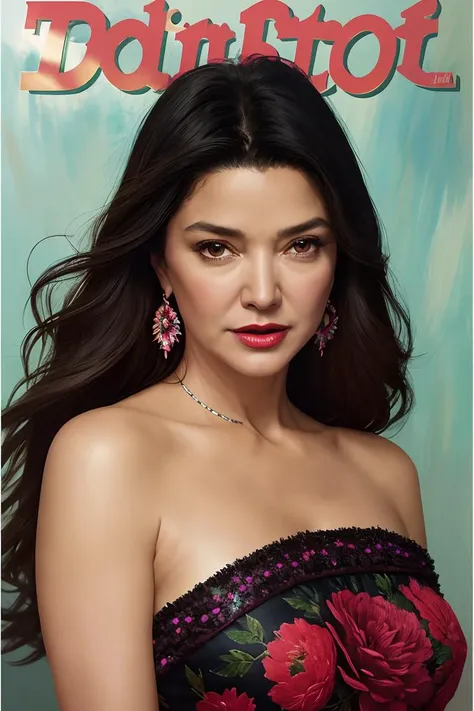 photo of (sh0hreh:0.99), a woman in the cover of a fashion magazine, (Vogue magazine cover:1.3), (pervpulp15:1.2), modelshoot style, (extremely detailed CG unity 8k wallpaper), photo of the most beautiful artwork in the world, professional majestic oil painting by Ed Blinkey, Atey Ghailan, Studio Ghibli, by Jeremy Mann, Greg Manchess, Antonio Moro, trending on ArtStation, trending on CGSociety, Intricate, High Detail, Sharp focus, dramatic, photorealistic painting art by midjourney and greg rutkowski, (sexy floral dress:1.1), (looking at viewer), (detailed pupils:1.3), (modern outfit:1.2), (closeup), red lips, (earrings), (fashion magazine logo), (magazine text), (magazine title:1.1)