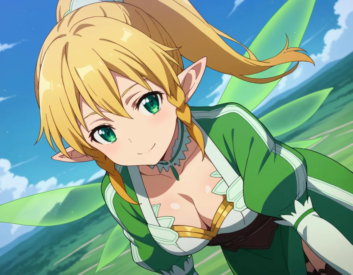 score_9, score_8_up, score_7_up, source_anime,
suguhakirigaya, <lora:suguha-kirigaya-s1-ponyxl-lora-nochekaiser:1>,
suguha kirigaya, long hair, blonde hair, hair between eyes, green eyes, ponytail, braid, pointy ears, twin braids,
thighhighs, cleavage, wings, green dress, fairy wings, fairy, multiple wings, spread wings, energy wings, glowing wings, green wings,
outdoors, landscape, smile, bent over,
looking at viewer, cowboy shot, solo, dutch angle,