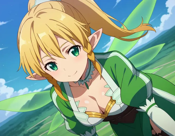 score_9, score_8_up, score_7_up, source_anime,
suguhakirigaya, <lora:suguha-kirigaya-s1-ponyxl-lora-nochekaiser:1>,
suguha kirigaya, long hair, blonde hair, hair between eyes, green eyes, ponytail, braid, pointy ears, twin braids,
thighhighs, cleavage, wings, green dress, fairy wings, fairy, multiple wings, spread wings, energy wings, glowing wings, green wings,
outdoors, landscape, smile, bent over,
looking at viewer, cowboy shot, solo, dutch angle,