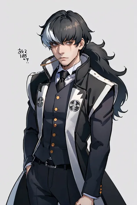 (masterpiece, best quality:1.2), solo, male focus, 1boy, simon blackquill, expressionless, looking at viewer, ponytail, coat, black necktie <lora:aa_blackquill:0.9>